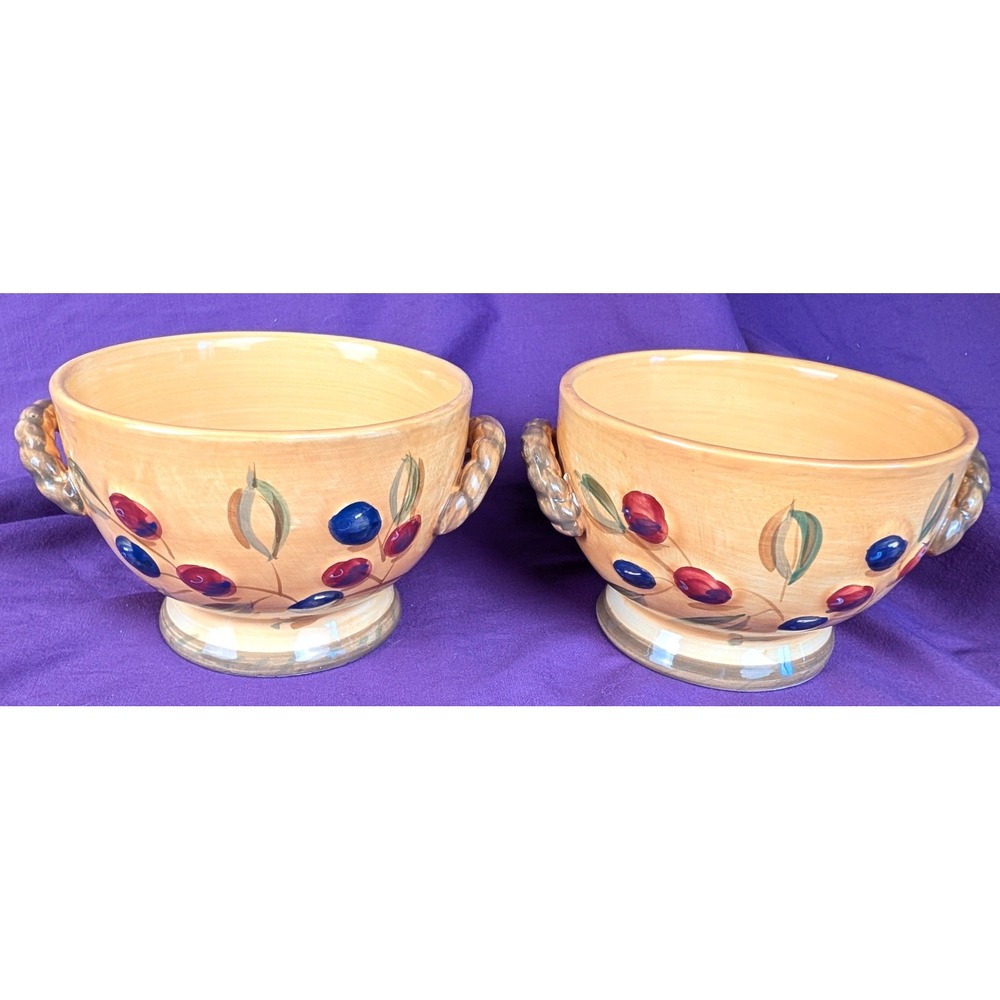 Gibson BISTRO ITALIA 2 Bowls Olive Branch Rope Handles Hand Painted 20oz